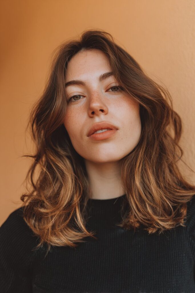 A stunning young woman in her 20s with natural skin tone, showcasing a Brown Hair With Caramel Highlights hairstyle featuring golden caramel balayage, featuring shoulder-length brown hair with golden caramel balayage for a sun-kissed effect, captured in a close-up shot focusing on the hair, photographed against a seamless warm peach backdrop with a glossy sheen. She has subtle makeup, a chic outfit, realistic hair texture, warm skin tone, and a confident expression, captured with soft natural lighting and an Instagram-style beauty vibe.