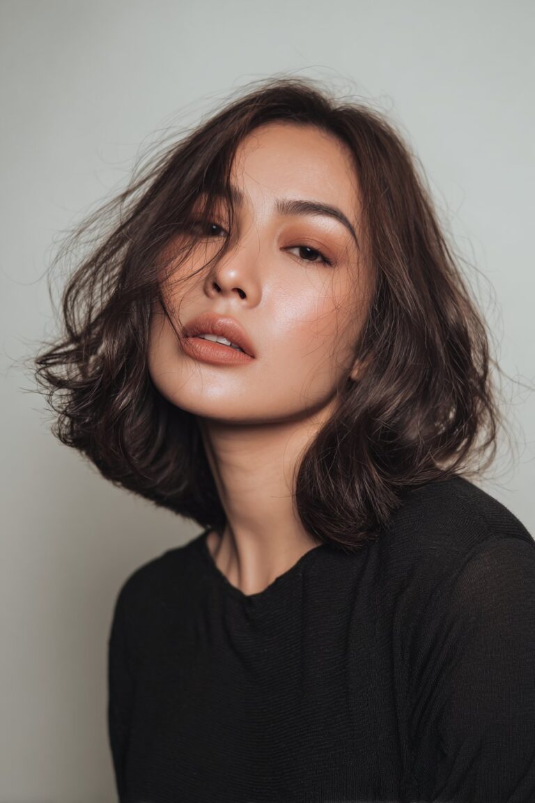 A close-up photo of a young elegant American woman with a graduated bob with volume hairstyle, featuring realistic hair texture under soft natural lighting, subtle makeup, warm skin tone, confident expression, fully clothed in a chic outfit, in an Instagram-style beauty shot.