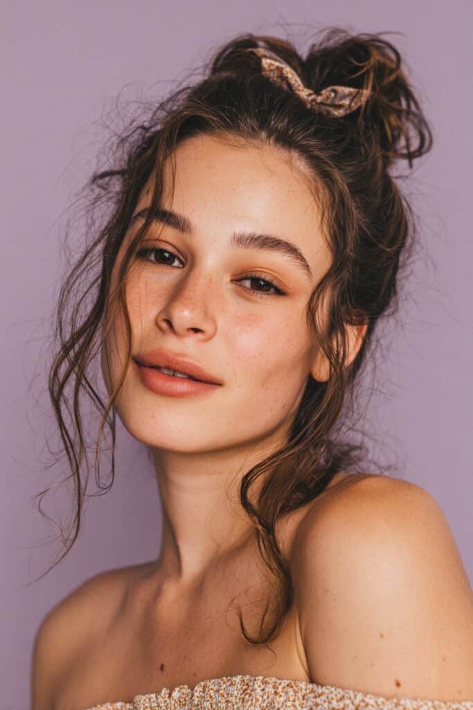 A stunning young woman in her 20s showcasing a Half Up Half Down Hairstyle For Medium Length Hair with a half-up bow knot, featuring a half-up style with a bow knot using medium-length hair, captured in a close-up shot focusing on the hair, photographed against a seamless soft lavender backdrop with a matte finish. She has subtle makeup, a trendy outfit, realistic hair texture, warm skin tone, and a friendly expression, captured with soft natural lighting and an Instagram-style beauty vibe.