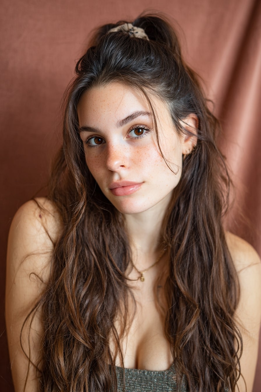 A stunning young woman in her 20s with natural skin tone, showcasing an Everyday Hairstyle For Medium Length Hair with a half-up bow, featuring medium-length hair with a half-up bow accent, captured in a close-up shot focusing on the hair, photographed against a seamless warm plum backdrop with a satin finish. She has subtle makeup, a trendy outfit, realistic hair texture, warm skin tone, and a friendly expression, captured with soft natural lighting and an Instagram-style beauty vibe.