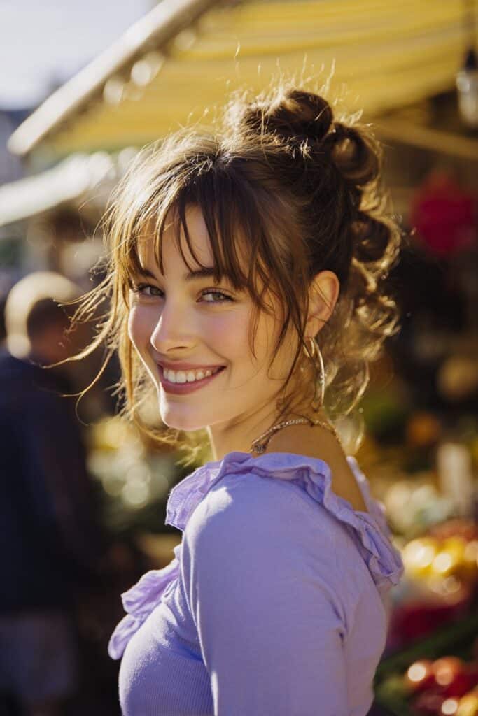 A stunning young woman in her 20s showcasing a Half Up Half Down Hairstyle For Medium Length Hair with a half-up bubble ponytail, featuring a half-up bubble ponytail with medium-length hair, captured in a close-up shot focusing on the hair, photographed against a seamless light gold backdrop with a glossy sheen. She has subtle makeup, a trendy outfit, realistic hair texture, warm skin tone, and a friendly expression, captured with soft natural lighting and an Instagram-style beauty vibe.