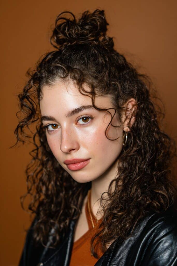 A stunning young woman in her 20s showcasing a Half Up Half Down Hairstyle For Medium Length Hair with a half-up curly top knot, featuring a half-up curly top knot with medium-length hair, captured in a close-up shot focusing on the hair, photographed against a seamless warm olive backdrop with a glossy sheen. She has subtle makeup, a trendy outfit, realistic hair texture, warm skin tone, and a friendly expression, captured with soft natural lighting and an Instagram-style beauty vibe.