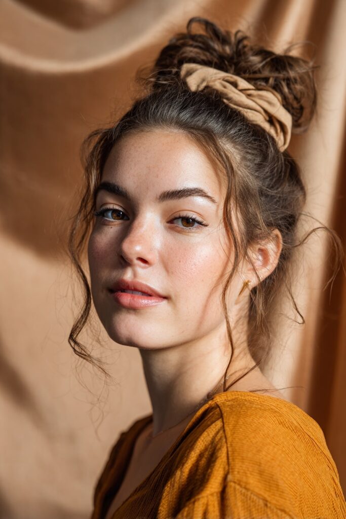 A stunning young woman in her 20s with natural skin tone, showcasing an Everyday Hairstyle For Medium Length Hair with a half-up hair wrap, featuring medium-length hair with a half-up section wrapped in hair, captured in a close-up shot focusing on the hair, photographed against a seamless warm bronze backdrop with a satin finish. She has subtle makeup, a trendy outfit, realistic hair texture, warm skin tone, and a friendly expression, captured with soft natural lighting and an Instagram-style beauty vibe.
