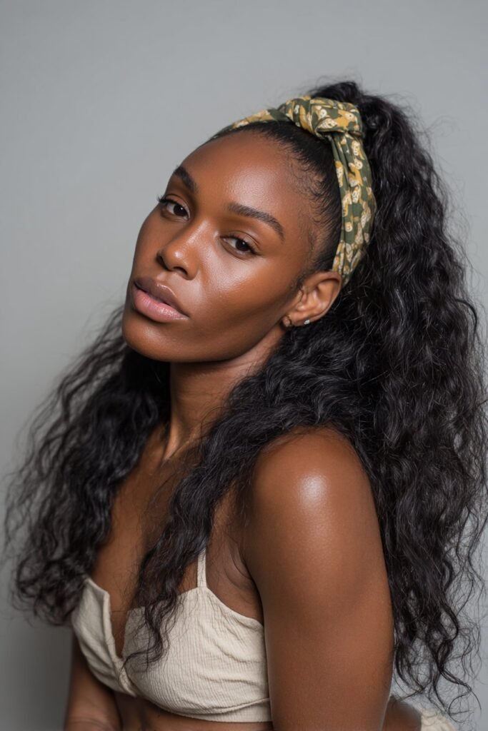 A close-up photo of a young elegant Black American woman with a soft half-up half-down style divided by a decorative headband, featuring realistic hair texture under soft natural lighting, subtle makeup, warm skin tone, confident expression, fully clothed in a chic outfit, in an Instagram-style beauty shot – headband hairstyles black women series.