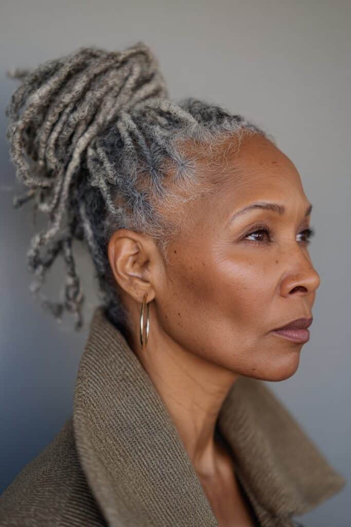 A close-up photo of an elegant Black American woman over 50 with a half-up knot with micro braids hairstyle, featuring realistic hair texture under soft natural lighting, subtle makeup, dark skin tone, confident expression, fully clothed in a chic outfit, in an Instagram-style beauty shot.