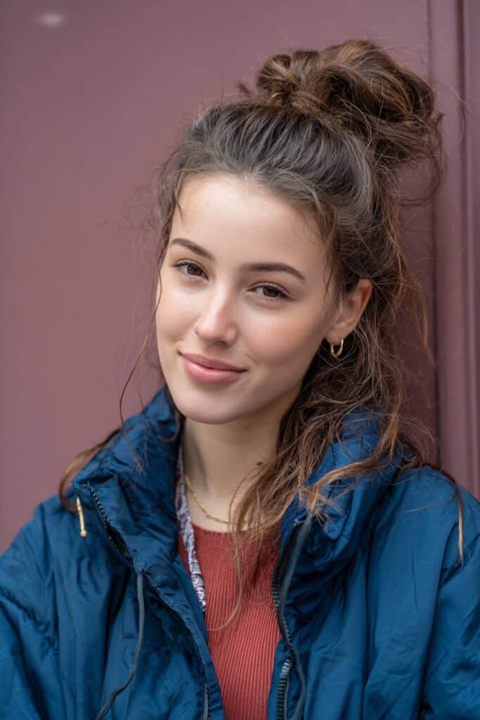 A stunning young woman in her 20s showcasing a Half Up Half Down Hairstyle For Medium Length Hair with a half-up knotted ponytail, featuring a half-up knotted ponytail with medium-length hair, captured in a close-up shot focusing on the hair, photographed against a seamless warm violet backdrop with a matte finish. She has subtle makeup, a trendy outfit, realistic hair texture, warm skin tone, and a friendly expression, captured with soft natural lighting and an Instagram-style beauty vibe.