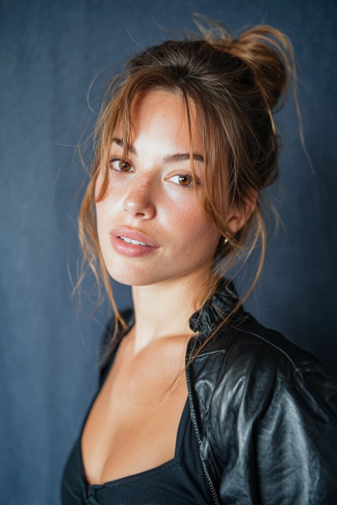 A stunning young woman in her 20s showcasing a Half Up Half Down Hairstyle For Medium Length Hair with a half-up middle part, featuring a half-up style with a middle part using medium-length hair, captured in a close-up shot focusing on the hair, photographed against a seamless soft navy backdrop with a glossy sheen. She has subtle makeup, a trendy outfit, realistic hair texture, warm skin tone, and a friendly expression, captured with soft natural lighting and an Instagram-style beauty vibe.