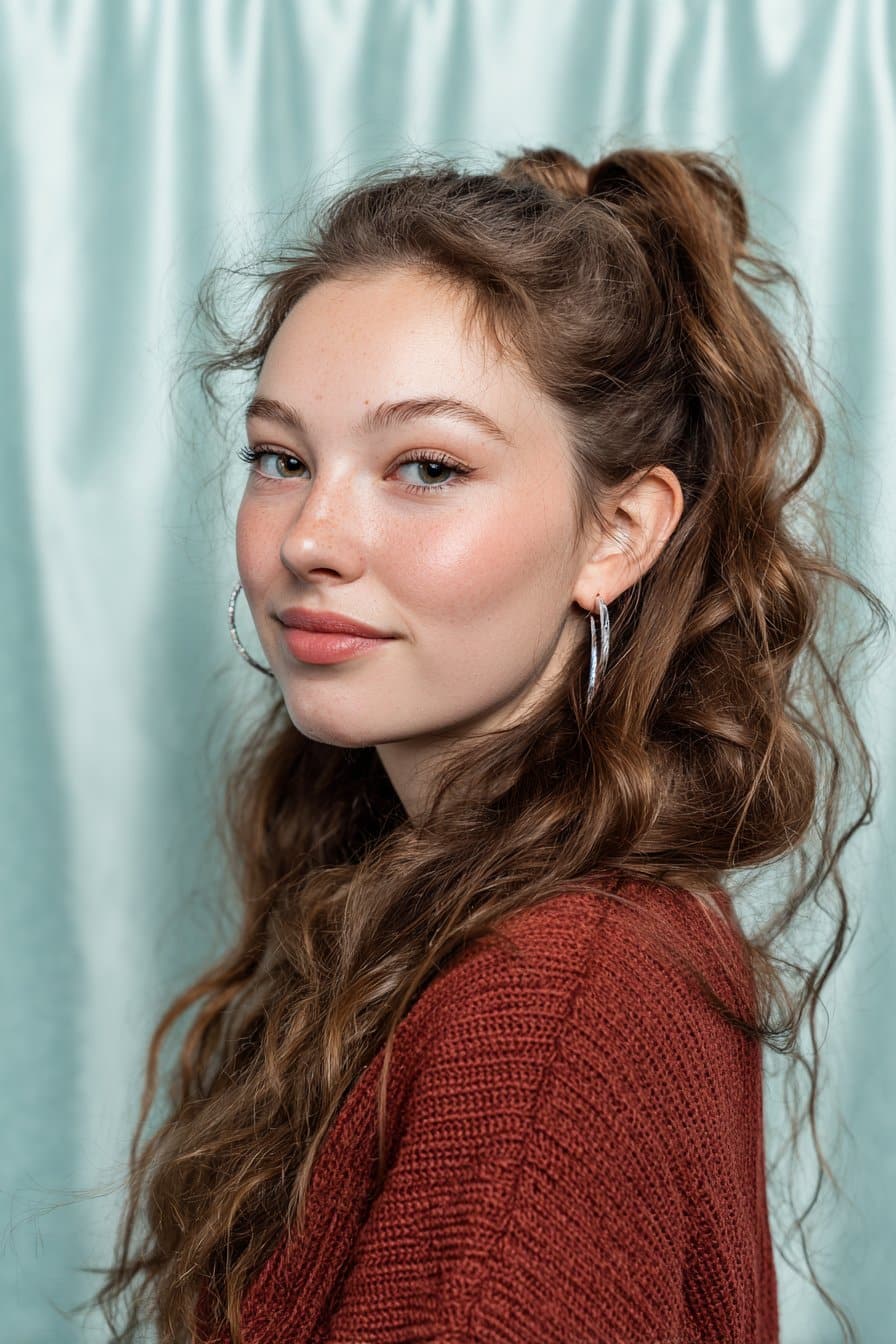 A stunning young woman in her 20s showcasing a Half Up Half Down Hairstyle For Medium Length Hair with a half-up side ponytail, featuring a half-up side ponytail with medium-length hair, captured in a close-up shot focusing on the hair, photographed against a seamless soft mint backdrop with a silky texture. She has subtle makeup, a trendy outfit, realistic hair texture, warm skin tone, and a friendly expression, captured with soft natural lighting and an Instagram-style beauty vibe.