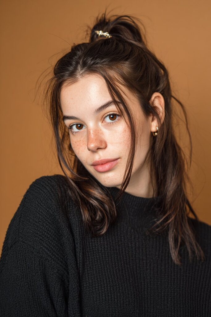 A stunning young woman in her 20s showcasing a Half Up Half Down Hairstyle For Medium Length Hair with a half-up with barrette, featuring a half-up style secured with a barrette using medium-length hair, captured in a close-up shot focusing on the hair, photographed against a seamless warm bronze backdrop with a satin finish. She has subtle makeup, a trendy outfit, realistic hair texture, warm skin tone, and a friendly expression, captured with soft natural lighting and an Instagram-style beauty vibe.