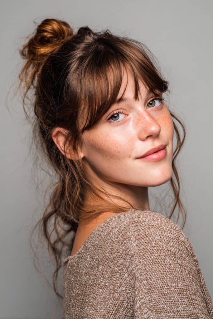 
A stunning young woman in her 20s showcasing a Half Up Half Down Hairstyle For Medium Length Hair with a half-up with fringe, featuring a half-up style with a fringe using medium-length hair, captured in a close-up shot focusing on the hair, photographed against a seamless light gray backdrop with a smooth texture. She has subtle makeup, a trendy outfit, realistic hair texture, warm skin tone, and a friendly expression, captured with soft natural lighting and an Instagram-style beauty vibe.