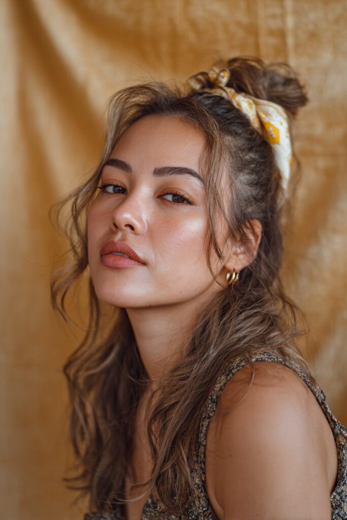 A stunning young woman in her 20s showcasing a Half Up Half Down Hairstyle For Medium Length Hair with a half-up with ribbon, featuring a half-up style tied with a ribbon using medium-length hair, captured in a close-up shot focusing on the hair, photographed against a seamless warm amber backdrop with a silky texture. She has subtle makeup, a trendy outfit, realistic hair texture, warm skin tone, and a friendly expression, captured with soft natural lighting and an Instagram-style beauty vibe.