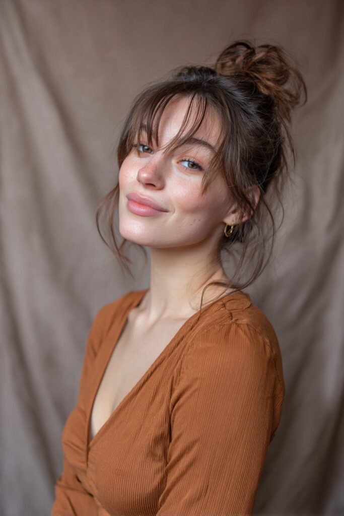A stunning young woman in her 20s showcasing a Half Up Half Down Hairstyle For Medium Length Hair with a half-up with two strands left out, featuring a half-up style with two strands left out using medium-length hair, captured in a close-up shot focusing on the hair, photographed against a seamless soft taupe backdrop with a satin finish. She has subtle makeup, a trendy outfit, realistic hair texture, warm skin tone, and a friendly expression, captured with soft natural lighting and an Instagram-style beauty vibe.