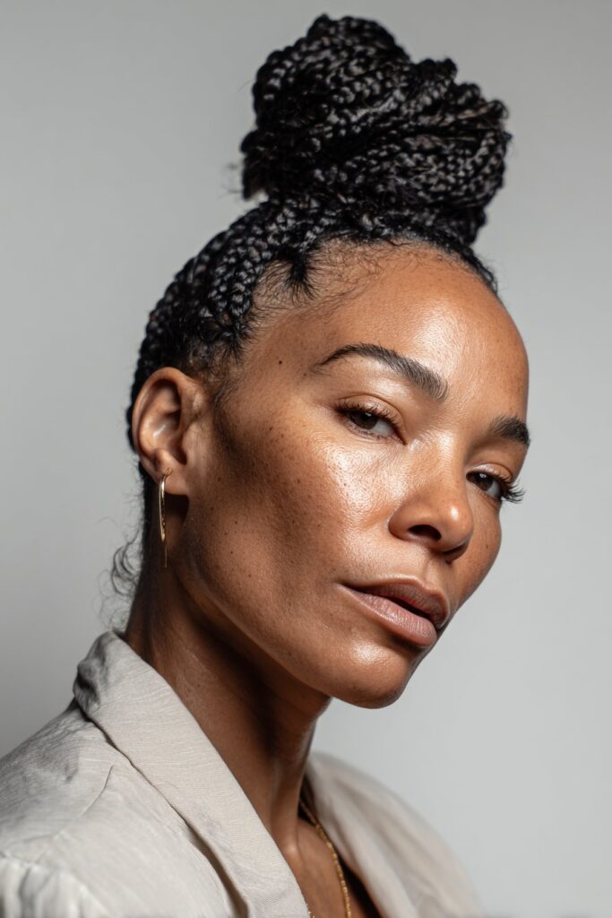 A close-up photo of an elegant Black American woman over 50 with a high box braided bun hairstyle, featuring realistic hair texture under soft natural lighting, subtle makeup, dark skin tone, confident expression, fully clothed in a chic outfit, in an Instagram-style beauty shot.