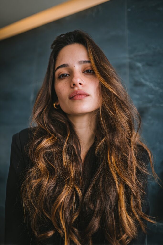 A stunning young woman in her 20s with natural skin tone, showcasing a Brown Hair With Caramel Highlights hairstyle featuring high-contrast caramel highlights, featuring brown hair with high-contrast caramel highlights for dimension, captured in a close-up shot focusing on the hair, photographed against a seamless deep navy backdrop with a glossy texture. She has subtle makeup, a chic outfit, realistic hair texture, warm skin tone, and a confident expression, captured with soft natural lighting and an Instagram-style beauty vibe.