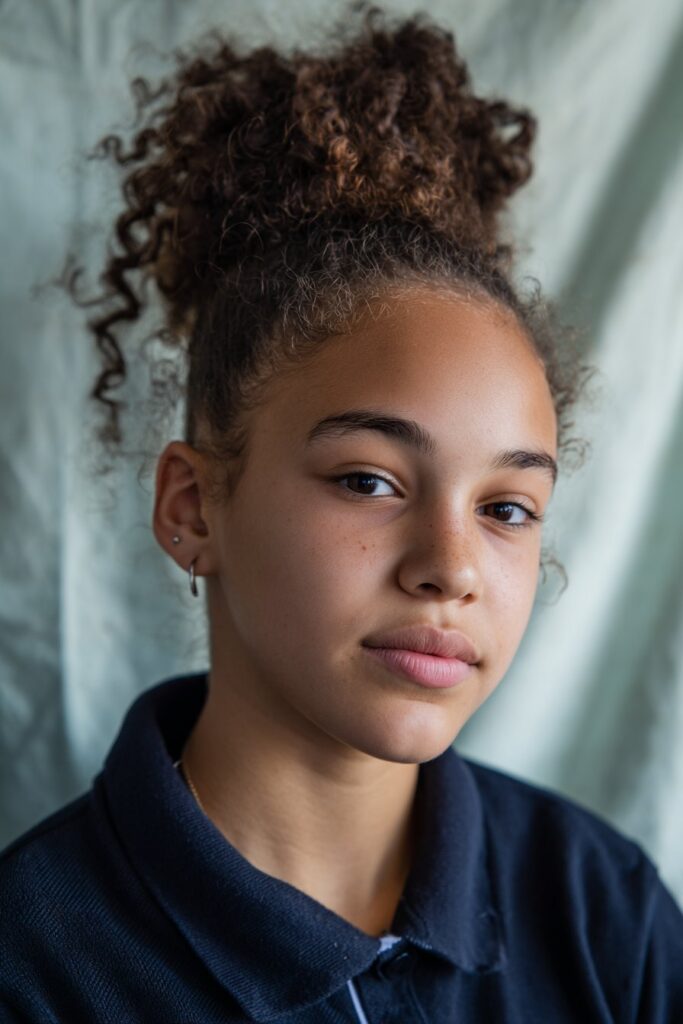 Confident American student with curly 4C hair in a high puff, wearing a bright hoodie outdoors on campus, showing a fun and energetic hairstyle for school.