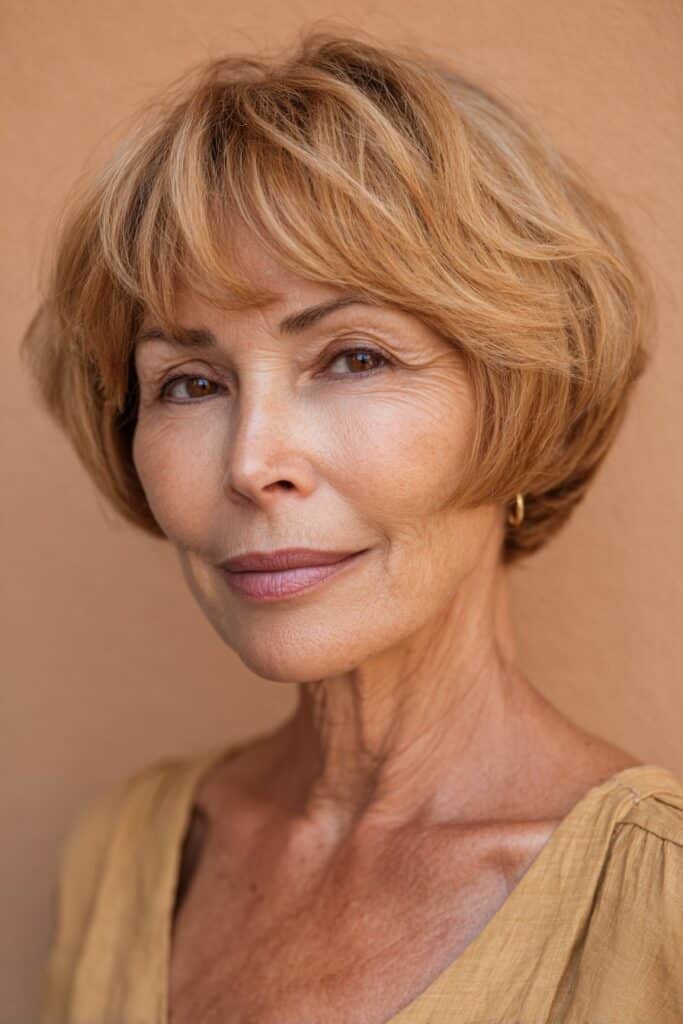 A warm American woman over 60 with a rounded bob in honey blonde tones, full and soft in shape, posing against a mocha satin backdrop.