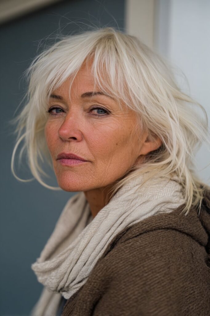 A mature woman showcasing an icy-blonde long shag haircut with bold choppy layers, photographed on a simple neutral backdrop.