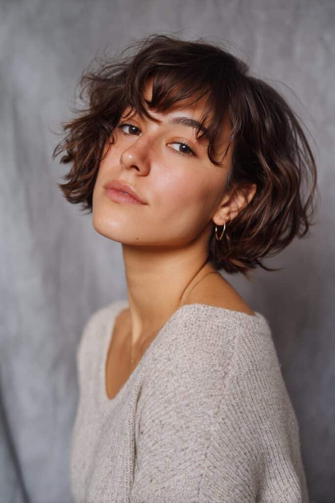 A model wearing a short inverted bob choppy haircut with stacked layers in the back and longer textured pieces in the front. The strong angle and choppy ends create a bold, lifted shape that enhances jawline definition.