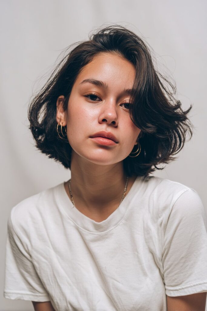 A woman with a jaw-length short bob choppy haircut featuring textured, uneven ends and soft layers that frame the lower face. The choppy detailing adds light movement, giving the classic bob a modern, edgy, and youthful appearance.