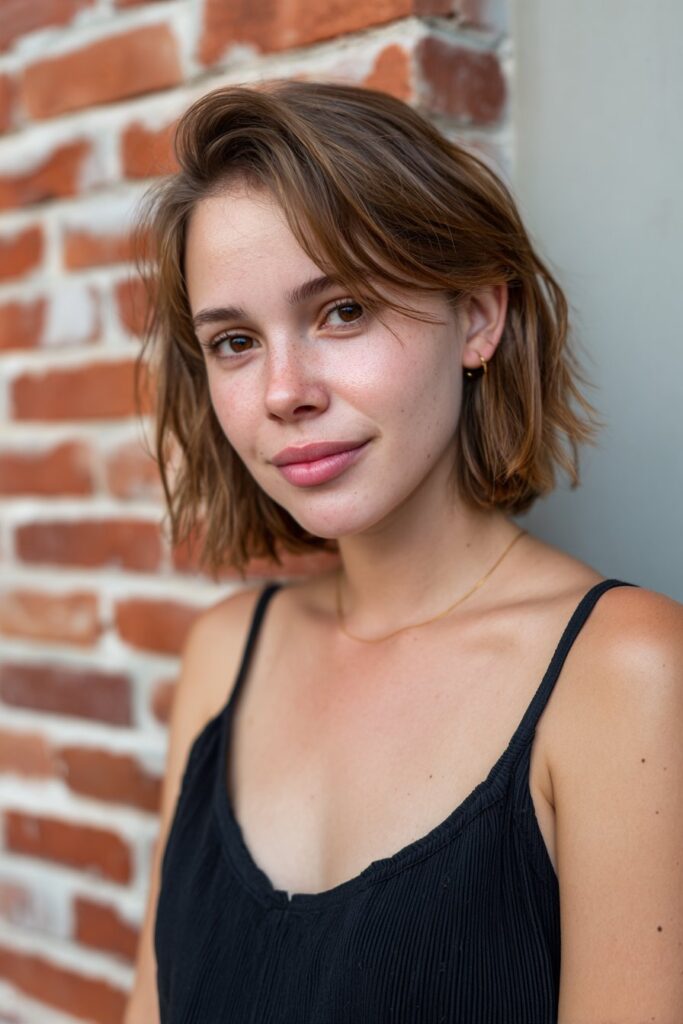 Young woman with a jaw-length choppy bob, textured ends, subtle makeup, friendly smile, urban brick wall background.