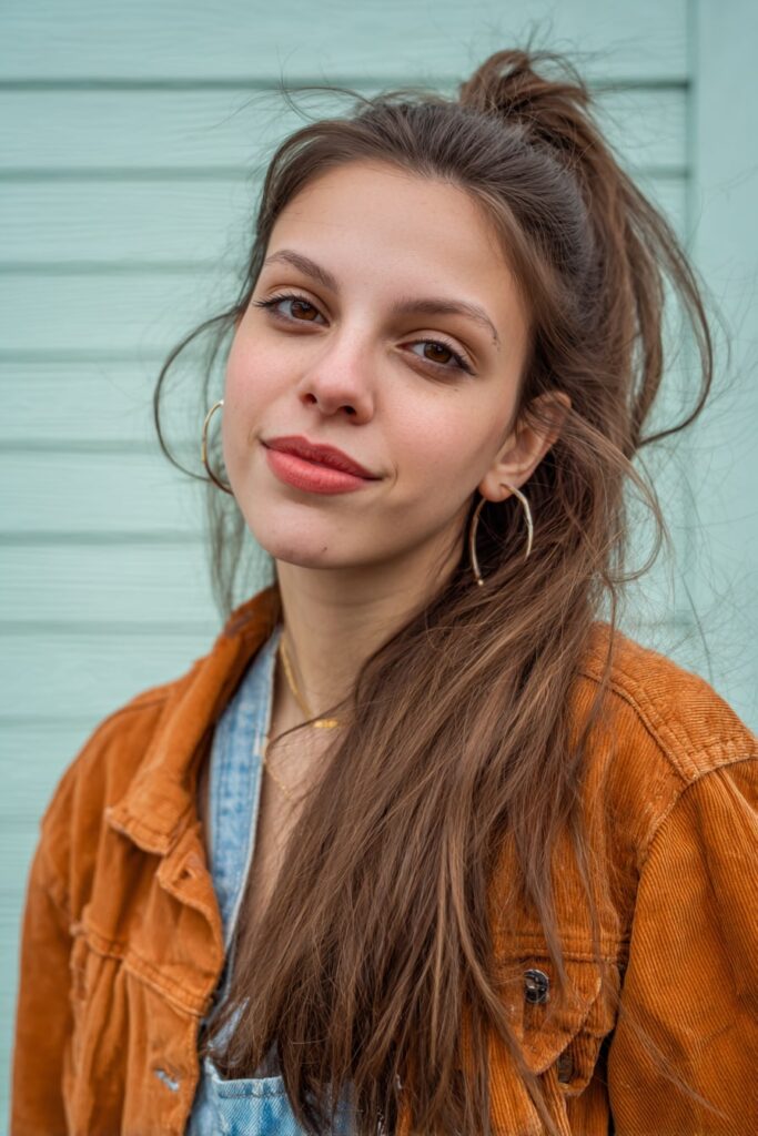 A stunning young woman in her 20s with natural skin tone, showcasing an Everyday Hairstyle For Medium Length Hair with a knotted ponytail, featuring medium-length hair in a knotted ponytail for effortless style, captured in a close-up shot focusing on the hair, photographed against a seamless light sage backdrop with a glossy sheen. She has subtle makeup, a trendy outfit, realistic hair texture, warm skin tone, and a friendly expression, captured with soft natural lighting and an Instagram-style beauty vibe.