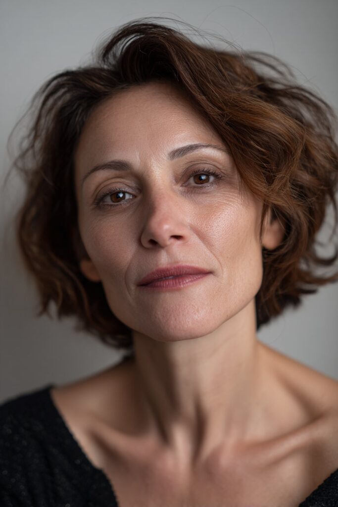 A close-up photo of an elegant American woman over 40 with a layered bob with auburn tones hairstyle, featuring realistic hair texture under soft natural lighting, subtle makeup, warm skin tone, confident expression, fully clothed in a chic outfit, in an Instagram-style beauty shot.