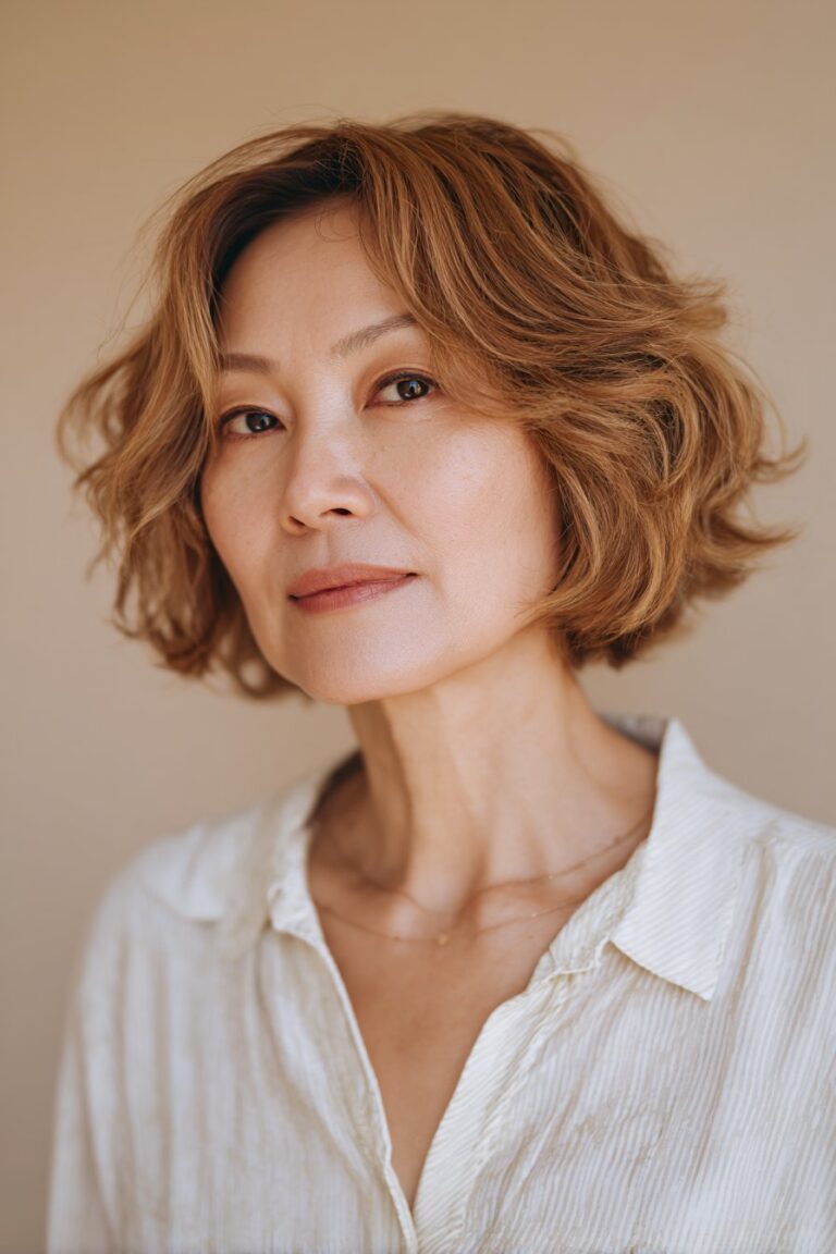 A woman over 40 wearing a short layered bob with caramel balayage highlights, captured in bright lighting with smooth dimension and clean styling.