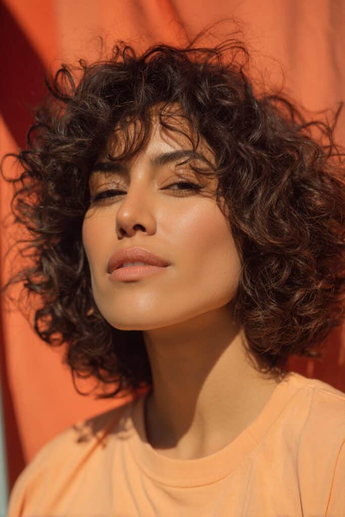 A short curly shag featuring voluminous curls layered in various lengths for maximum bounce. The choppy shag structure enhances curl definition while adding a playful, naturally textured look around the face.