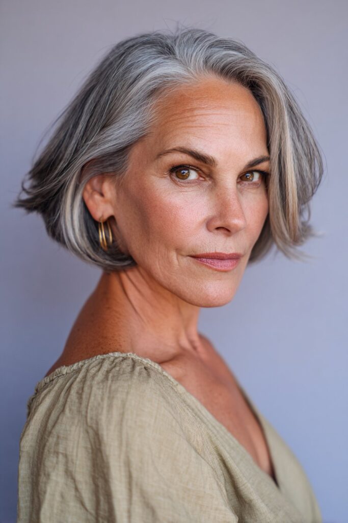 A chic American woman over 60 wearing a layered French bob, modern yet timeless, subtle texture enhancing her features, photographed against a lavender matte backdrop.