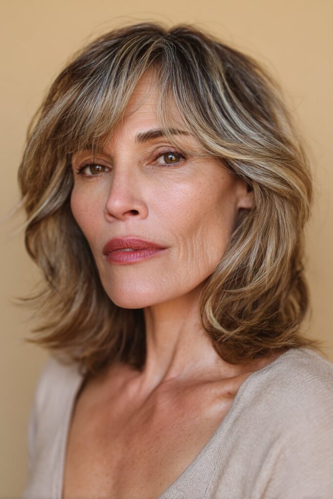 A stylish American woman over 60 wearing a layered lob with side-swept bangs, her silver-streaked hair softly framing her face, dressed in a refined top, photographed against a warm beige silky background.
