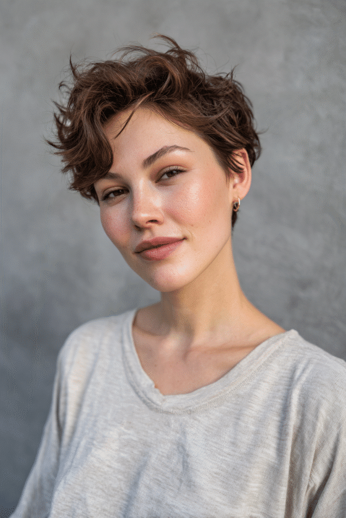 Portrait of a young American female model with a layered pixie cut, short textured hair, subtle makeup, wearing a trendy outfit, soft gray fabric background.