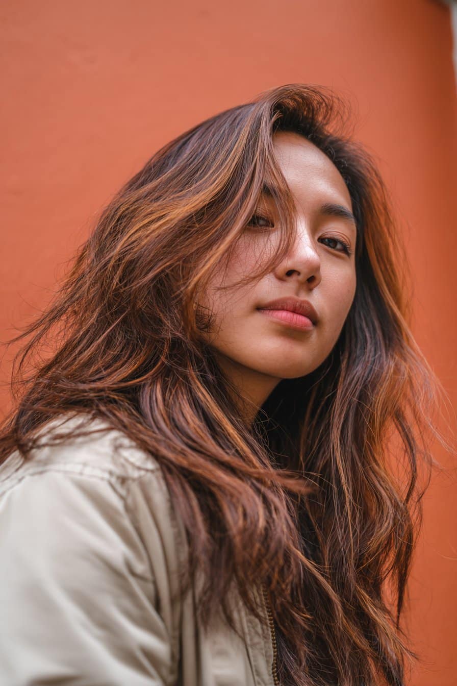 A stunning young woman in her 20s with natural skin tone, showcasing a Brown Hair With Caramel Highlights hairstyle featuring light chocolate and caramel strands, featuring medium brown hair with light chocolate strands and caramel highlights for a soft blend, captured in a close-up shot focusing on the hair, photographed against a seamless warm coral backdrop with a matte finish. She has subtle makeup, a chic outfit, realistic hair texture, warm skin tone, and a confident expression, captured with soft natural lighting and an Instagram-style beauty vibe.