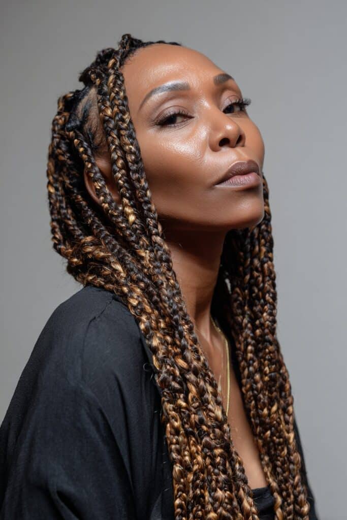 A close-up photo of an elegant Black American woman over 50 with long braids with auburn highlights hairstyle, featuring realistic hair texture under soft natural lighting, subtle makeup, dark skin tone, confident expression, fully clothed in a chic outfit, in an Instagram-style beauty shot.