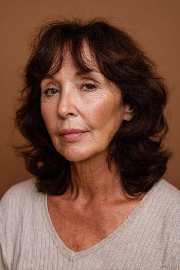 An older woman showcasing a long chocolate-brown shag with face-framing layers, captured against a seamless warm-toned backdrop.