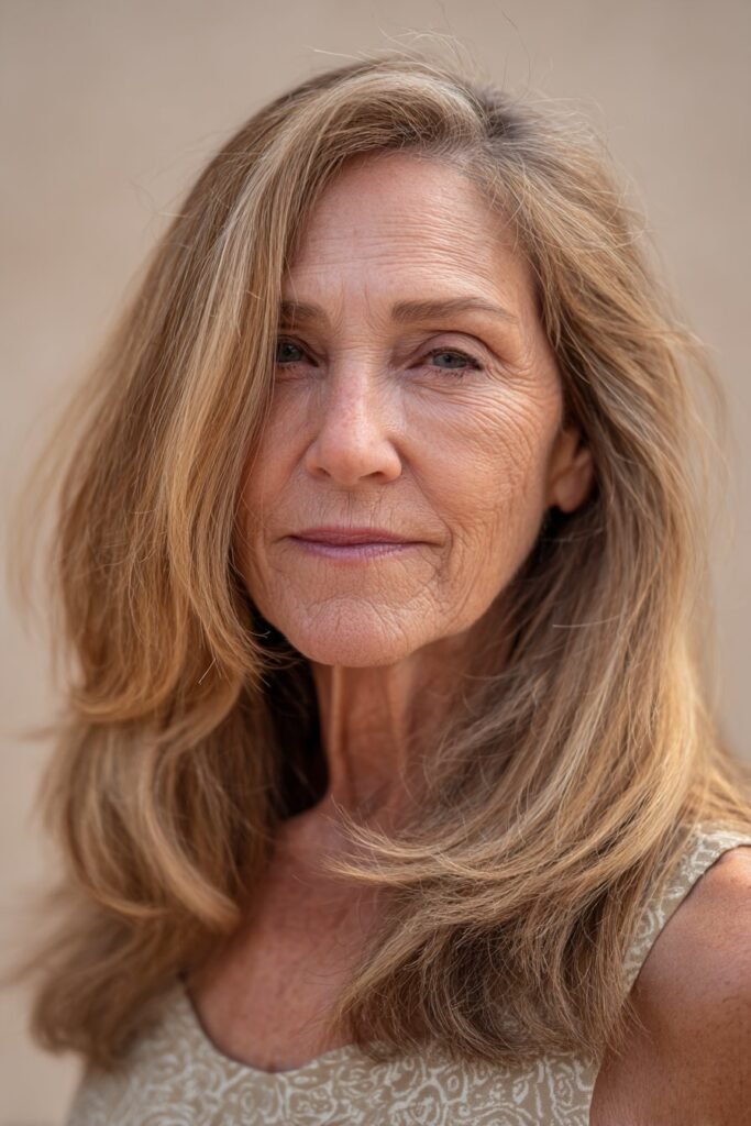 An older woman showcasing a long honey-blonde soft shag haircut with airy layers and gentle waves, set against a smooth minimal background.