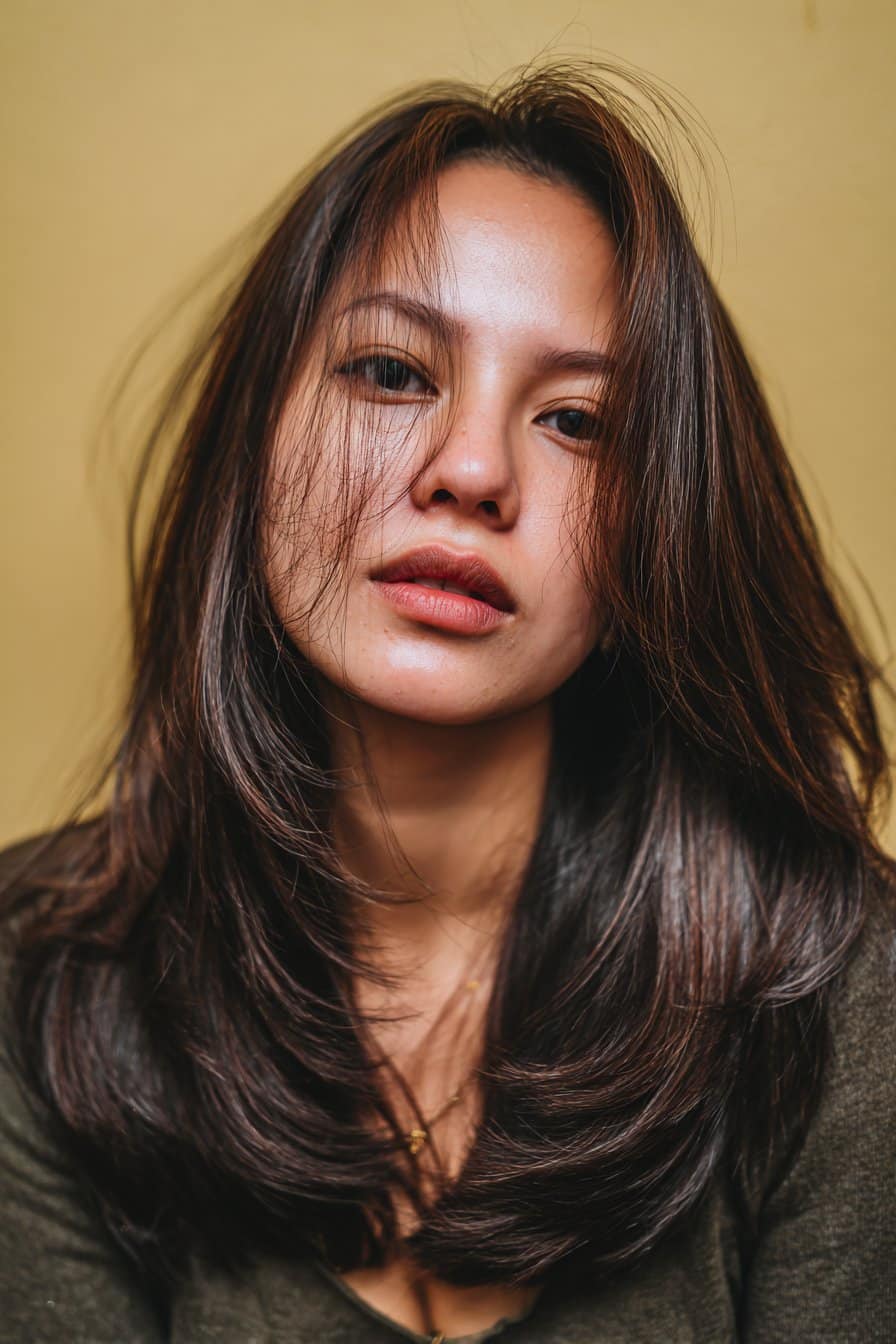 A young American woman in her 20s with a long layered bob haircut, featuring elongated layers for added movement and depth, captured in soft lighting against a warm olive glossy background.