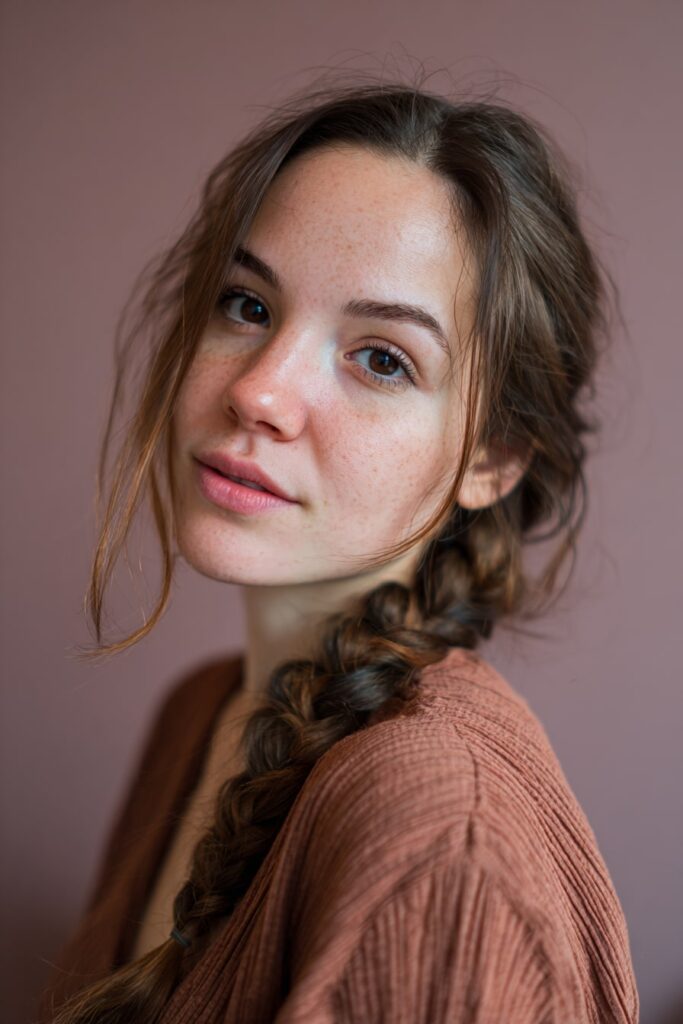 A stunning young woman in her 20s with natural skin tone, showcasing an Everyday Hairstyle For Medium Length Hair with a loose braid with volume, featuring medium-length hair in a voluminous loose braid, captured in a close-up shot focusing on the hair, photographed against a seamless soft mauve backdrop with a glossy sheen. She has subtle makeup, a trendy outfit, realistic hair texture, warm skin tone, and a friendly expression, captured with soft natural lighting and an Instagram-style beauty vibe.