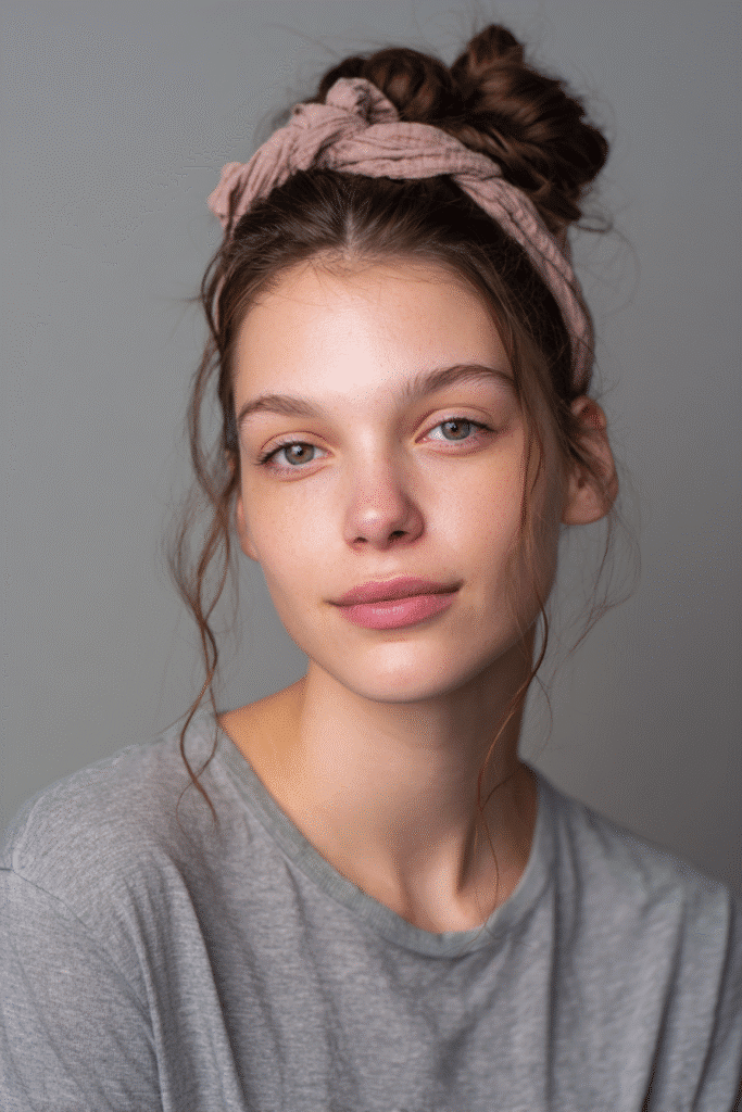 Polished low bun wrapped in a thin braid and accented with a metallic headband – Headband Hairstyles series.