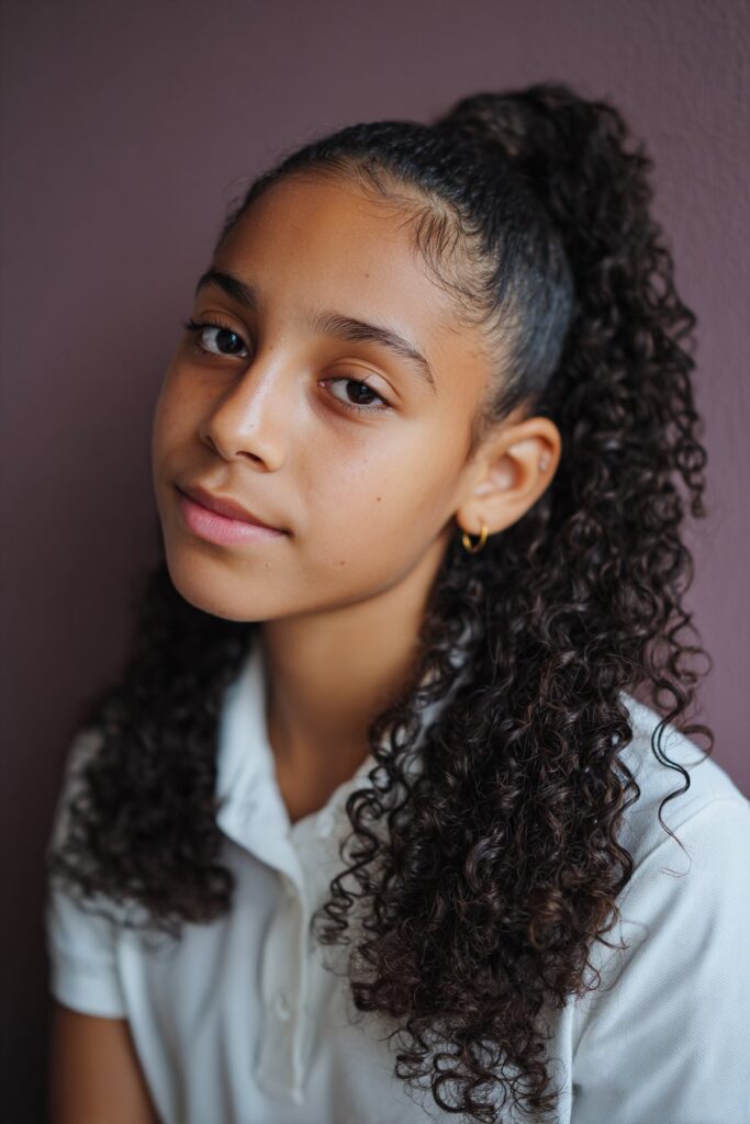 American woman with short 4C curls styled close to the scalp, curls well-defined, wearing a high-neck sweatshirt, photographed outdoors near the school building.