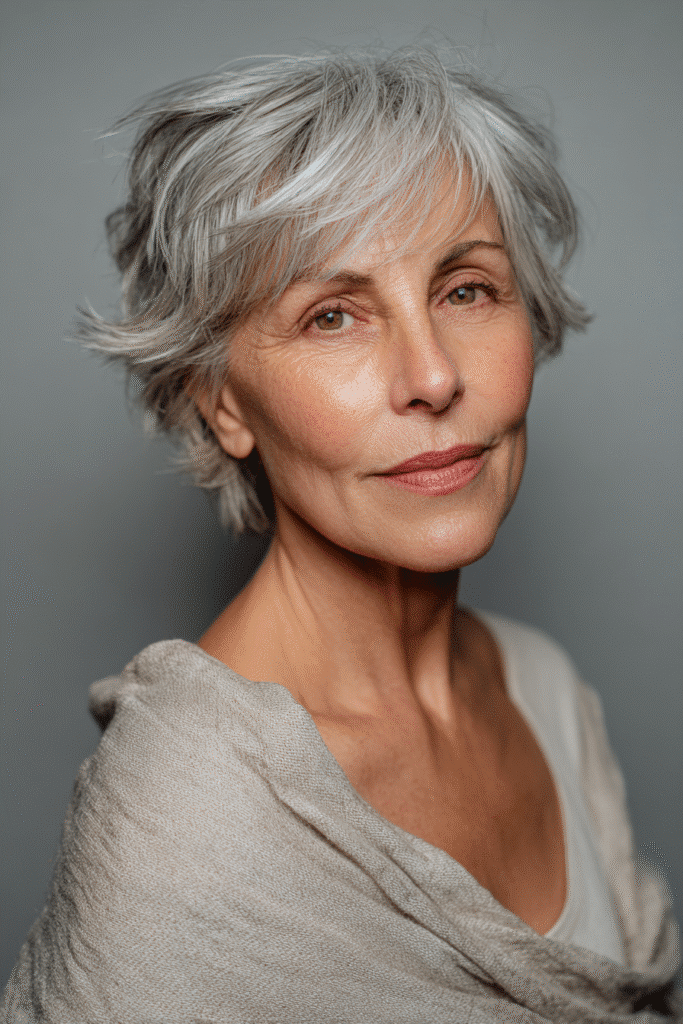 An older woman showcasing a short, low-maintenance shaggy bob with feathered ends and gentle choppiness; captured in natural light with her layered texture clearly visible.