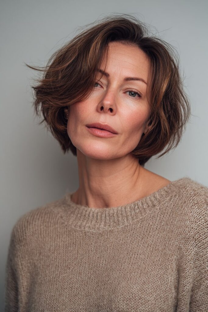 A natural-looking older woman over 50 with fine soft-brown hair styled into a medium shaggy bob with curtain bangs, dressed in a full-sleeve cashmere sweater, posing in soft lighting with a gray fabric backdrop.