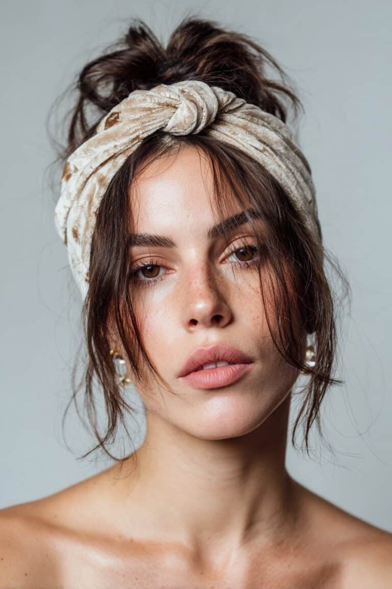 Effortless messy bun with soft face-framing tendrils tied together by a knotted fabric headband – Headband Hairstyles series.