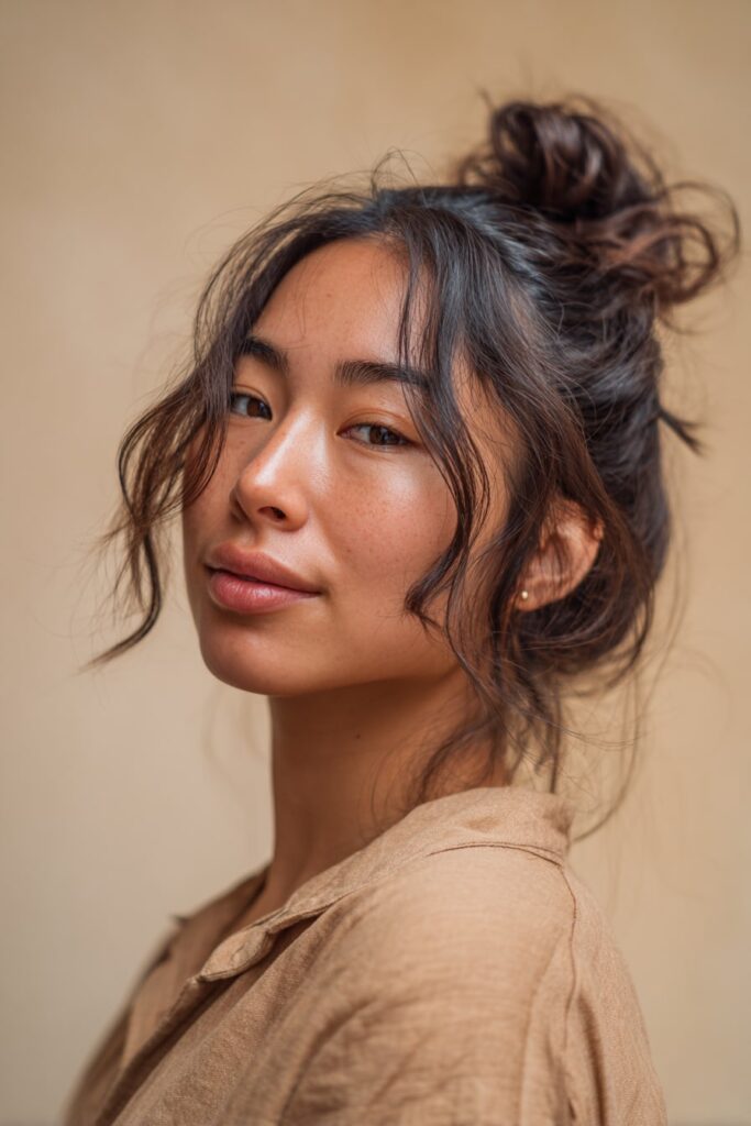 A stunning young woman in her 20s with natural skin tone, showcasing an Everyday Hairstyle For Medium Length Hair with a messy low bun, featuring medium-length hair in a relaxed messy low bun, captured in a close-up shot focusing on the hair, photographed against a seamless warm beige backdrop with a silky texture. She has subtle makeup, a trendy outfit, realistic hair texture, warm skin tone, and a friendly expression, captured with soft natural lighting and an Instagram-style beauty vibe.