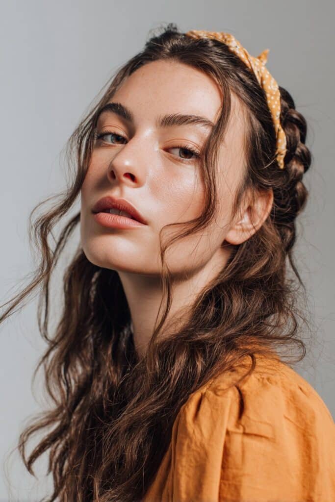 A close-up photo of a young elegant American woman with tousled waves and a relaxed messy braided headband – headband hairstyles with braids series.
