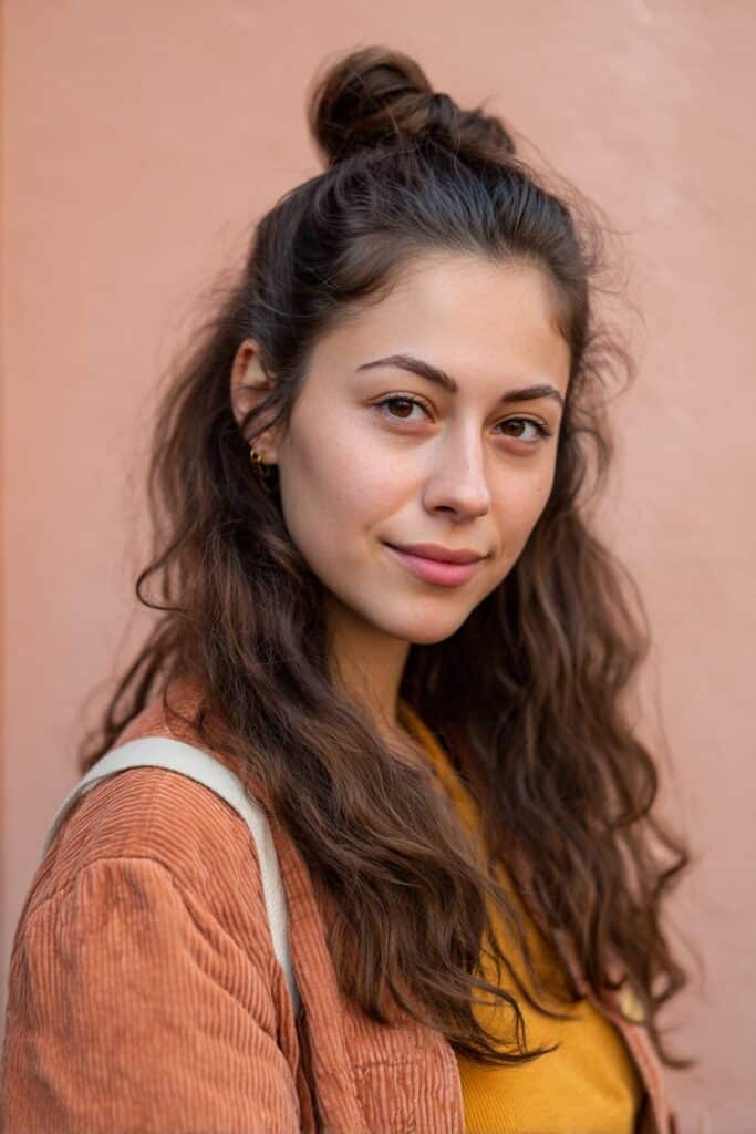 A stunning young woman in her 20s showcasing a Half Up Half Down Hairstyle For Medium Length Hair with a mini French twist, featuring a half-up mini French twist with medium-length hair, captured in a close-up shot focusing on the hair, photographed against a seamless light rose backdrop with a smooth texture. She has subtle makeup, a trendy outfit, realistic hair texture, warm skin tone, and a friendly expression, captured with soft natural lighting and an Instagram-style beauty vibe.