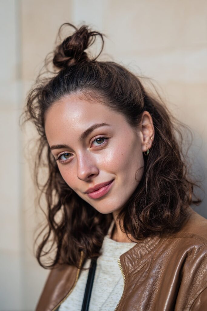 A stunning young woman in her 20s with natural skin tone, showcasing an Everyday Hairstyle For Medium Length Hair with a mini top knot, featuring medium-length hair with a small top knot and loose strands, captured in a close-up shot focusing on the hair, photographed against a seamless light pearl backdrop with a glossy sheen. She has subtle makeup, a trendy outfit, realistic hair texture, warm skin tone, and a friendly expression, captured with soft natural lighting and an Instagram-style beauty vibe.