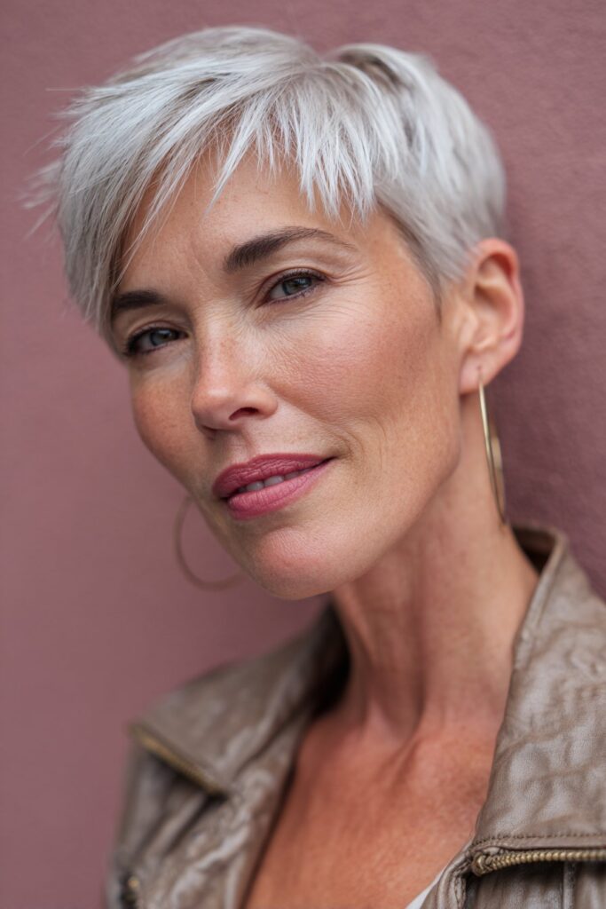 A modern American woman over 60 with a trendy pixie haircut featuring a long textured top, styled for volume and flair, posed against a soft mauve glossy background.
