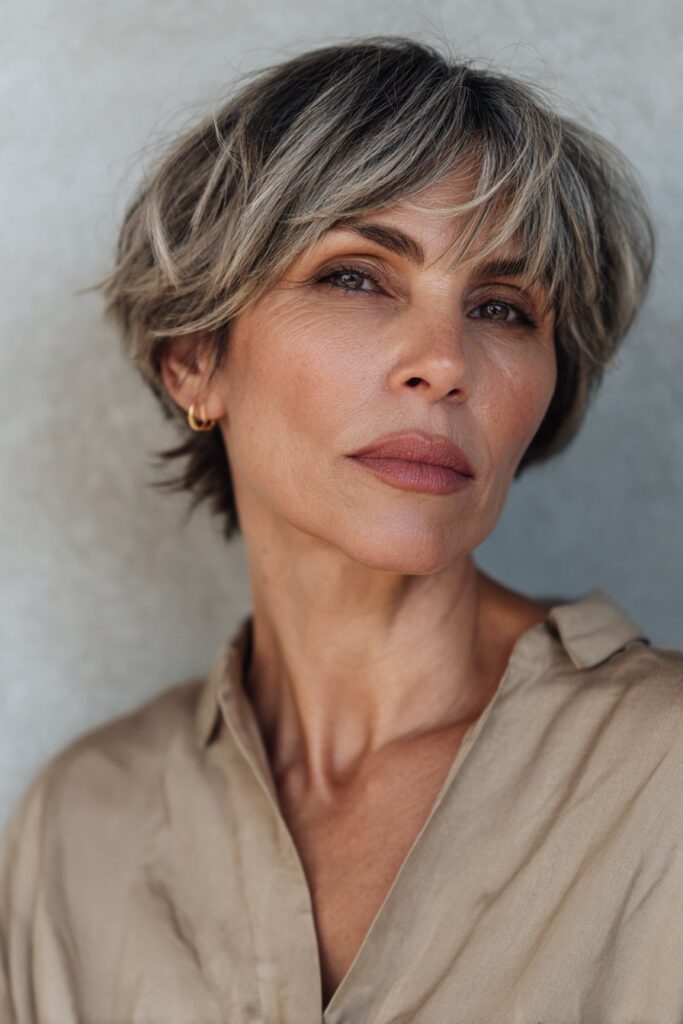 A senior woman with a modern short shag haircut featuring choppy, edgy layers and textured lift; close-up shot with a clean, warm background.