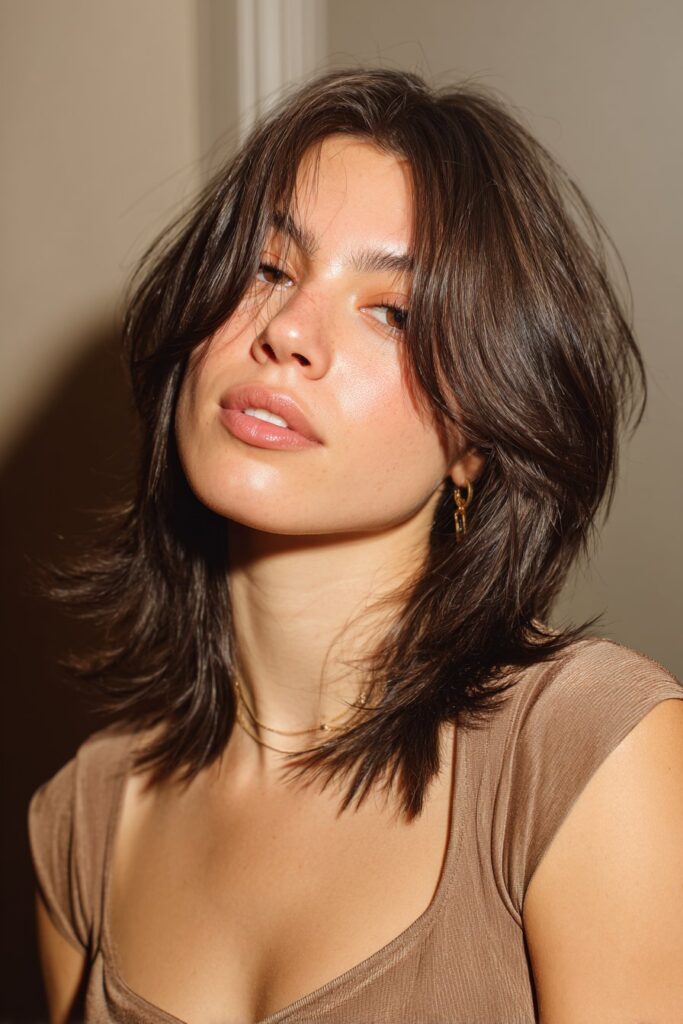 A chic American woman in her 20s with a modern shag haircut, featuring edgy textured layers and effortless volume, photographed under natural light with a soft taupe satin backdrop.