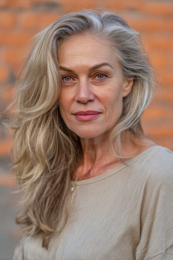 A glamorous older woman over 50 with fine sandy-blonde hair styled in a modern shag with a voluminous crown, wearing a long-sleeve cotton top, photographed with an urban brick wall backdrop.
